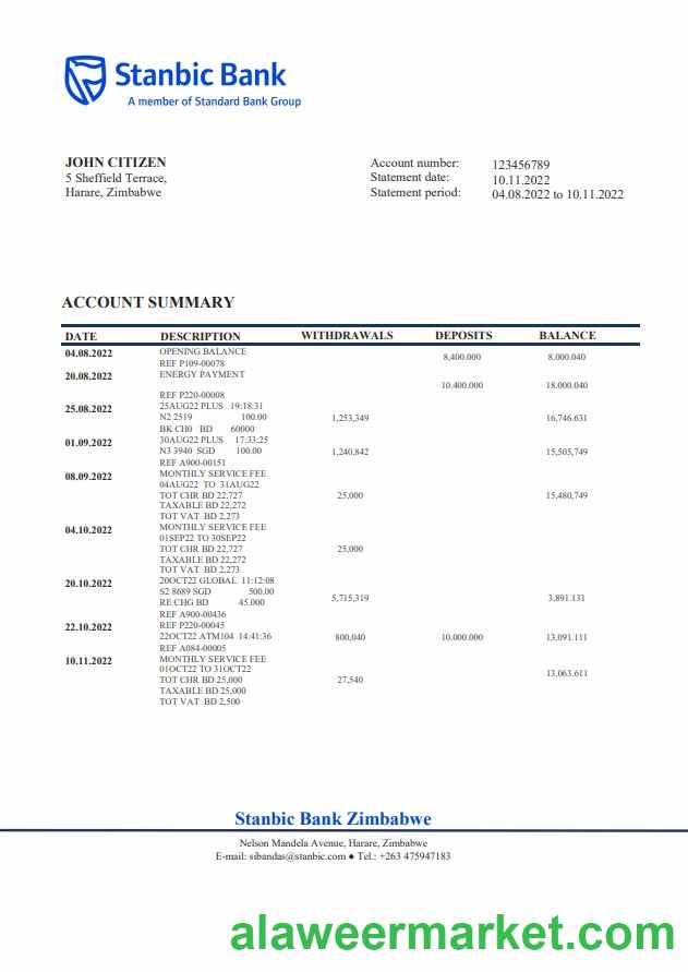 Zimbabwe Stanbic Bank statement